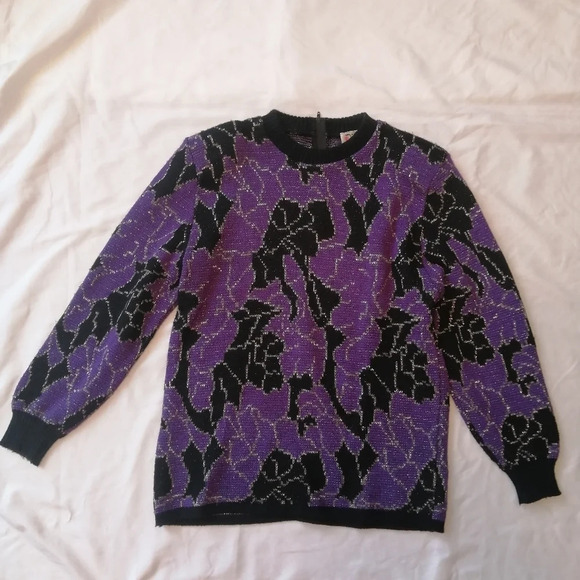 Vintage 80s D'Allairds Purple and Black Knit Metallic Floral Sweater Small - Picture 6 of 15